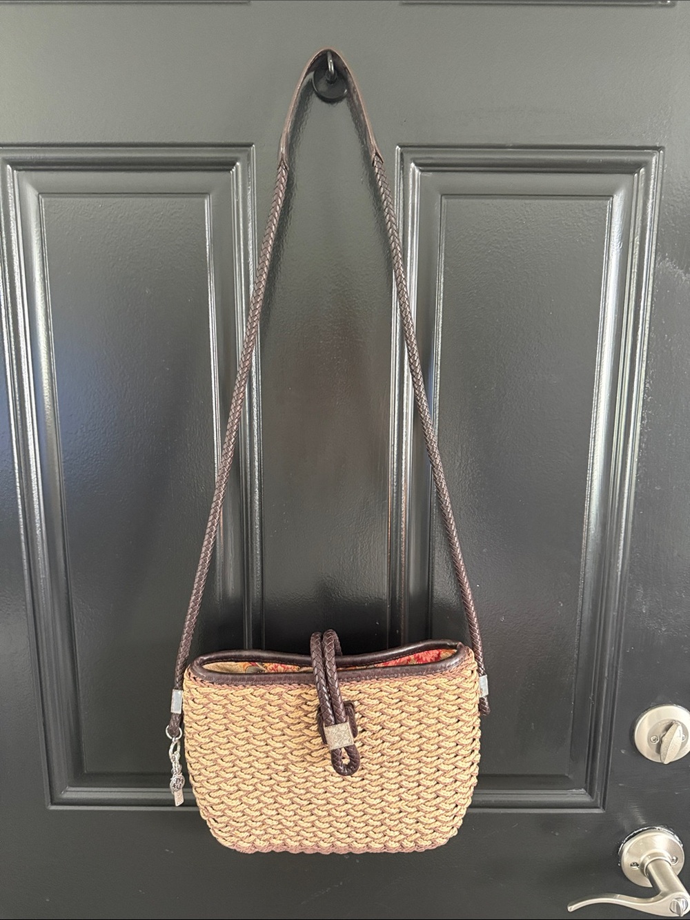 Brighton Tan Woven Crossbody with Brown Trim